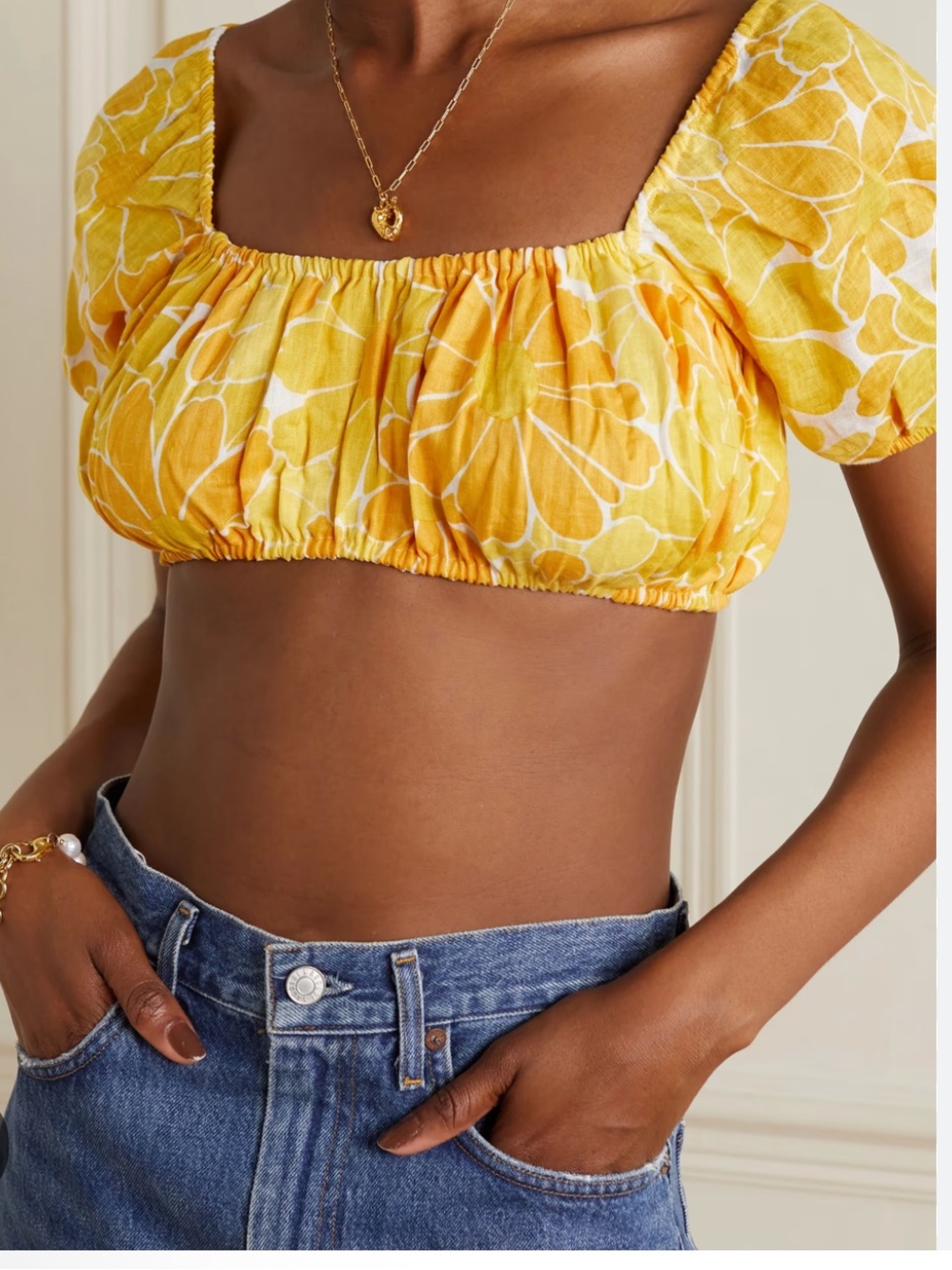 Faithfull the Brand HARLOW NWT S Yellow-golden LINEN Floral Ruched Crop Top